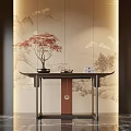 New Chinese Style Tea Table Interior With Red Maple Bonsai And Landscape Cloud Pattern Backdrop 3d model