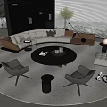 Modern Beige Sofa and Round Coffee Table Set with Gray Chairs Plants and Floor Lamp