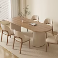 Wooden Dining Table Set with Beige Upholstered Chairs and Potted Plant on Light Rug
