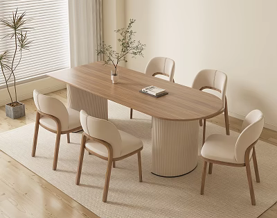 Wooden Dining Table Set with Beige Upholstered Chairs and Potted Plant on Light Rug 3d model