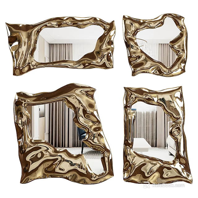 Gold Irregular Shaped Mirrors Featuring Unique Artistic Design for Modern Interiors 3d model 