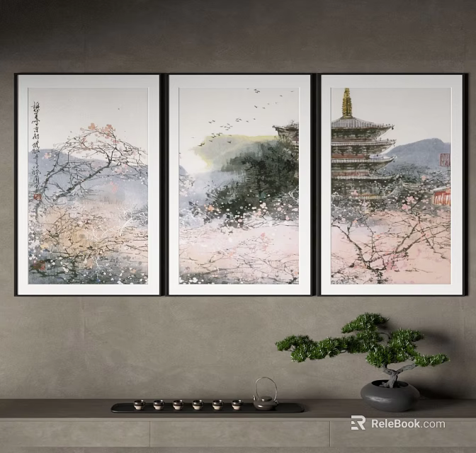 Chinese Ink Paintings Triptych For Interior Wall Decor With Bonsai 3d model