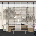Elegant Chinese Style Curtain with Landscape Painting and Wooden Frame in Refined Interior Space