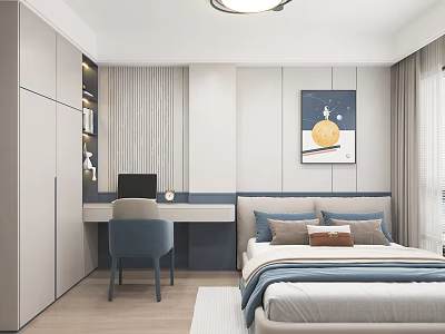 Modern Kids Room Interior With Built in Wardrobe Desk Bed And Sun Painting 3d model