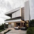 Modern Detached Villa Exterior Design Featuring Greenery Double Garage Lighting Stone Wall And Steps