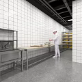 Commercial Catering Kitchen Interior With Chefs Working At Stainless Steel Worktables And Commercial Appliances