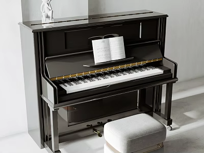 Black Upright Piano With Open Music Sheet And Gray Stool In White Room Interior 3d model