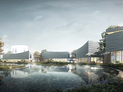Modern Architectural Landscape With Pond Reflection And Lush Greenery Elements 3d model