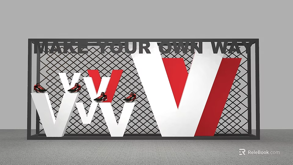 Window Display With Make Your Own Way Sign Red White V Letters Grid Background 3d model 