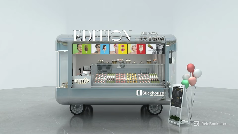 EDITION Pop Up Ice Cream Cart Photo Spot With Blockhouse Signboard And Colorful Balloons 3d model 