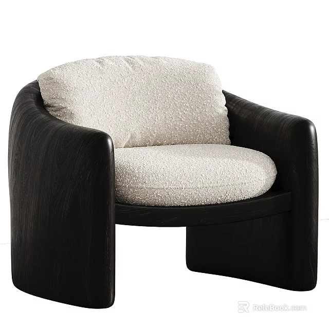 Contemporary Curved Dark Wood Leisure Chair With Plush White Boucle Upholstered Seat And Back Cushions 3d model 