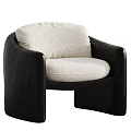 Contemporary Curved Dark Wood Leisure Chair With Plush White Boucle Upholstered Seat And Back Cushions