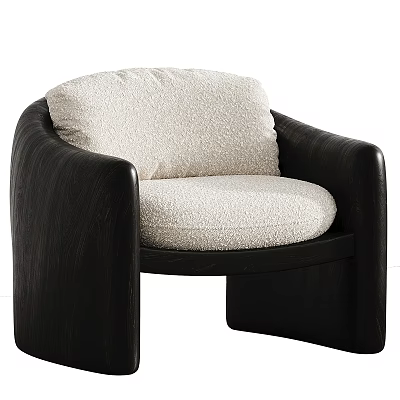 Contemporary Curved Dark Wood Leisure Chair With Plush White Boucle Upholstered Seat And Back Cushions 3d model