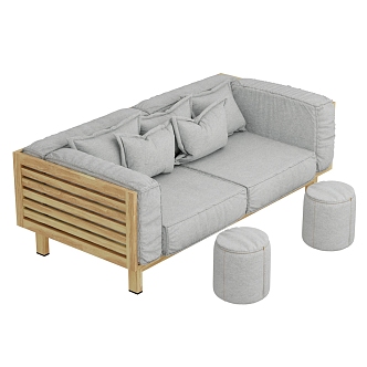 modern double sofa double wooden frame gray cloth sofa 3d model