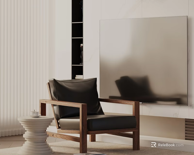 Comfortable Leisure Chair With Wooden Frame Black Cushion And Side Table In Modern Living Room 3d model 