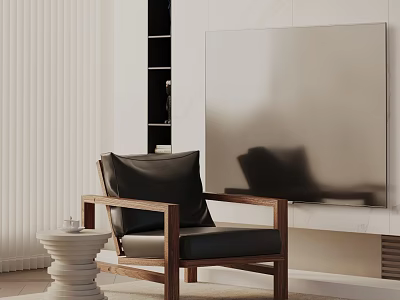 Comfortable Leisure Chair With Wooden Frame Black Cushion And Side Table In Modern Living Room 3d model