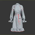 Striped Stand Collar Dress With Bishop Sleeves Ruffled Cuffs Red Belt And Ruffled Hem