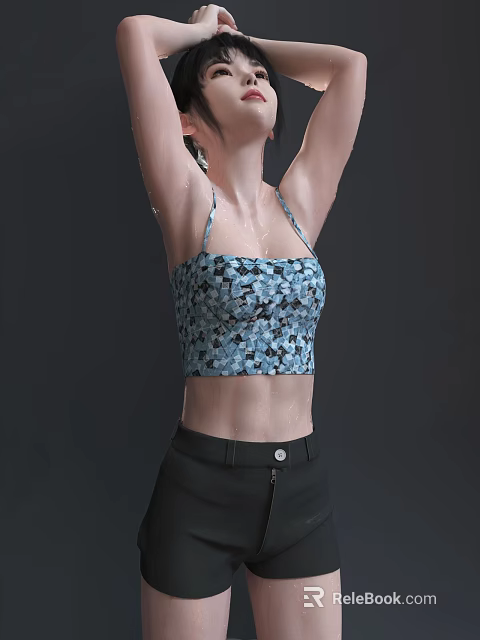 Woman in Blue and Black Patterned Crop Top Raising Arms Overhead in Black Pants 3d model 