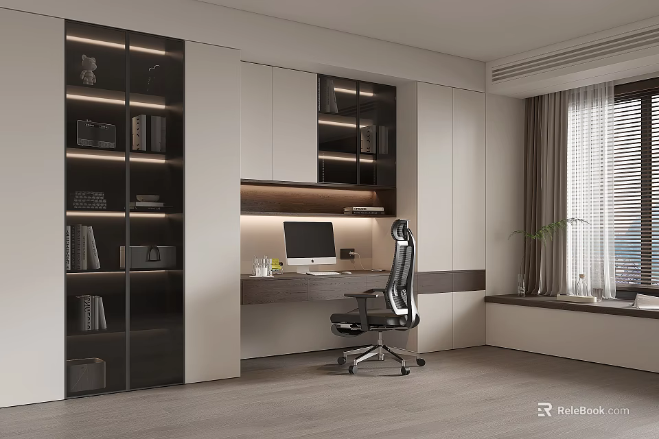 Modern Study Interior Design With Open Bookshelves Desk Computer Office Chair And Green Plant 3d model 