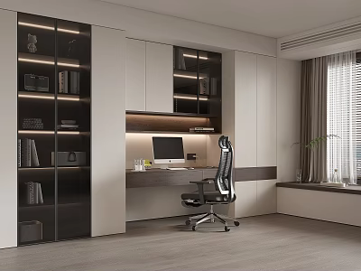 Modern Study Interior Design With Open Bookshelves Desk Computer Office Chair And Green Plant 3d model