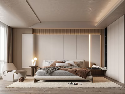 Modern Bedroom Interior With Bed Nightstand Table Lamp Accent Chair And Wardrobe 3d model