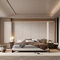 Modern Bedroom Interior With Bed Nightstand Table Lamp Accent Chair And Wardrobe