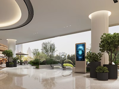Spacious Bright Modern Shopping Mall Lobby With Potted Green Plants And Smart Digital Guidance Kiosk 3d model