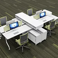Modern Office Workstation Desk With Multiple Computer Monitors White Surface And Rolling Chairs 3d model