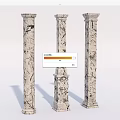 Three Cracked Textured Marble Columns With Classical Patterned Surface Decorative Elements