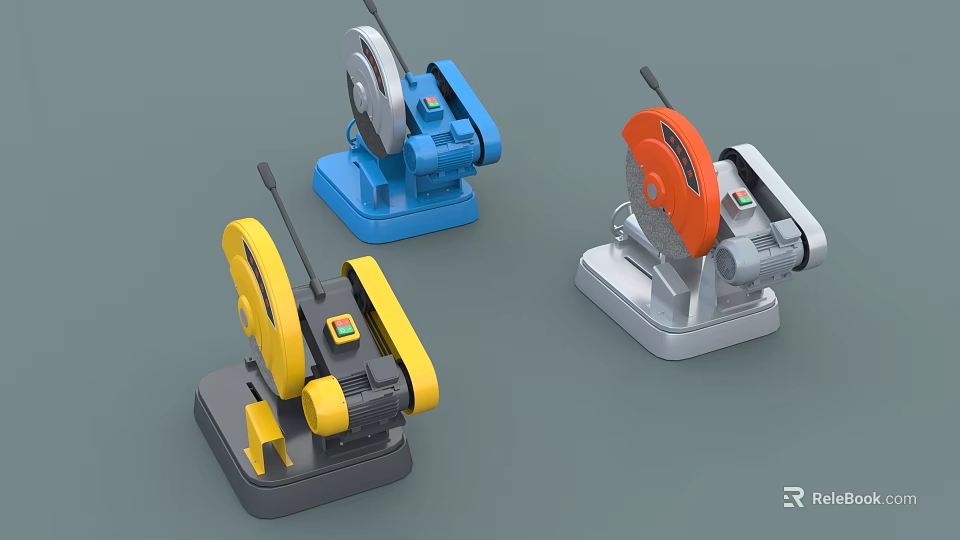 Industrial Bench Cutting Machines With Blue Yellow Orange Bodies And Rotary Blades 3d model 