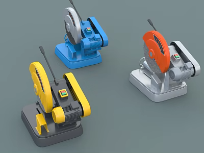 Industrial Bench Cutting Machines With Blue Yellow Orange Bodies And Rotary Blades 3d model