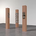 Three Brown Columns Display Various Decorative Wall Hangings With Unique Designs 3d model