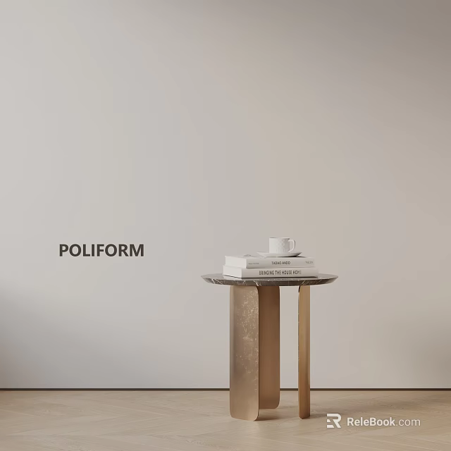 Poliform Modern Side Table With Metal Legs Marble Top Stacked Books And Coffee Cup 3d model 