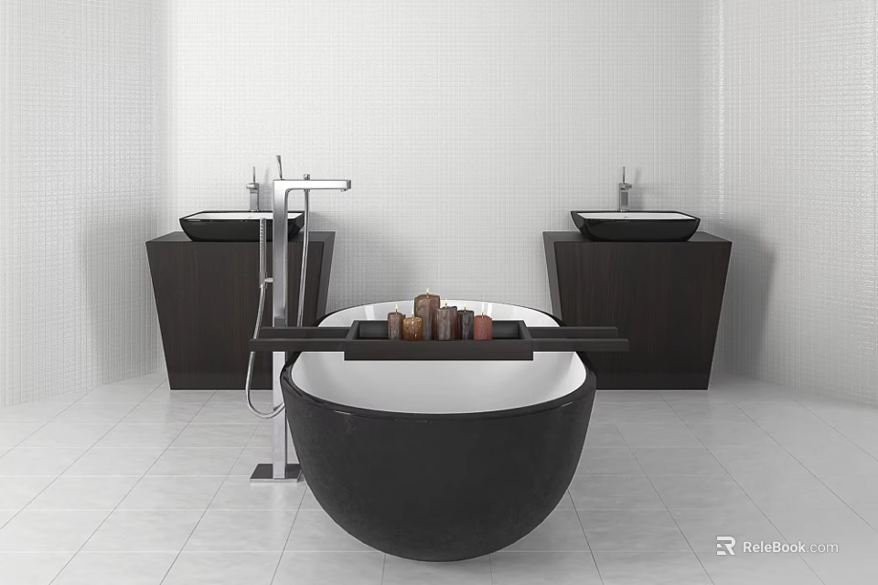 Black Round Bathtub With Wooden Tray And Two Dark Wood Vanities With Black Basins 3d model 