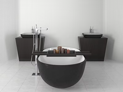 Black Round Bathtub With Wooden Tray And Two Dark Wood Vanities With Black Basins 3d model