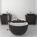 Black Round Bathtub With Wooden Tray And Two Dark Wood Vanities With Black Basins