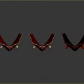 Three Red Traditional Demon Masks with Fierce Expressions and Decorative Patterns Representing Mythical Creature Roles