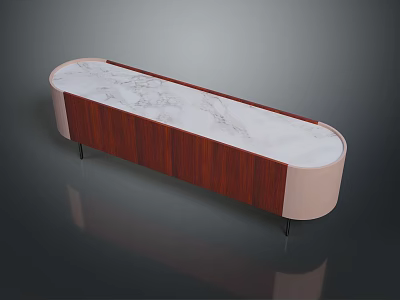 Modern Console Table With White Marble Top Brown Wooden Cabinet Pink Edges And Black Legs 3d model