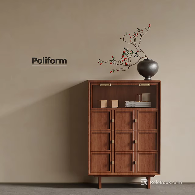 Wooden Entryway Side Cabinet Design with Drawers Doors and Vase Holding Decorative Branches on Top 3d model 