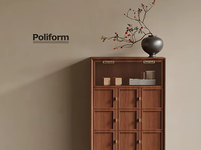 Wooden Entryway Side Cabinet Design with Drawers Doors and Vase Holding Decorative Branches on Top 3d model