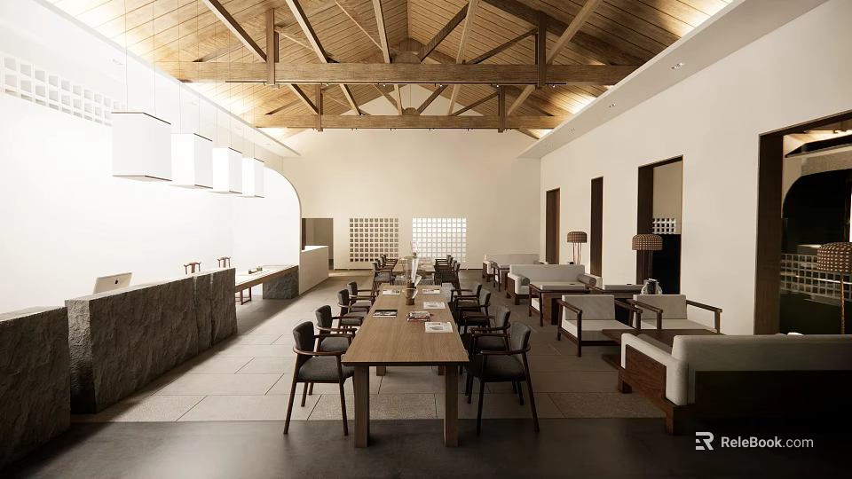 Rustic Modern Restaurant Interior With Wooden Ceiling Beams Long Dining Tables And Sofa Seating 3d model