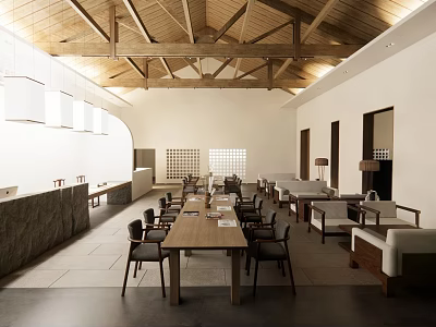 Rustic Modern Restaurant Interior With Wooden Ceiling Beams Long Dining Tables And Sofa Seating 3d model
