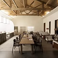 Rustic Modern Restaurant Interior With Wooden Ceiling Beams Long Dining Tables And Sofa Seating