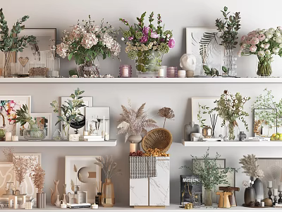 Stylish Decorative Ornament Combinations With Green Plants Dried Flowers Frames And Vases On Shelves 3d model