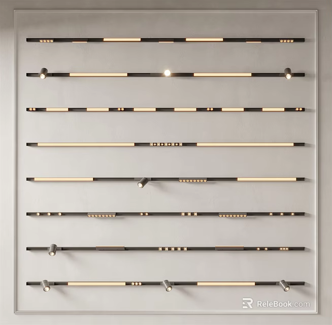 Downlights and Spotlights Various Modern Lighting Fixtures Arranged in Rows on Display Shelf 3d model 