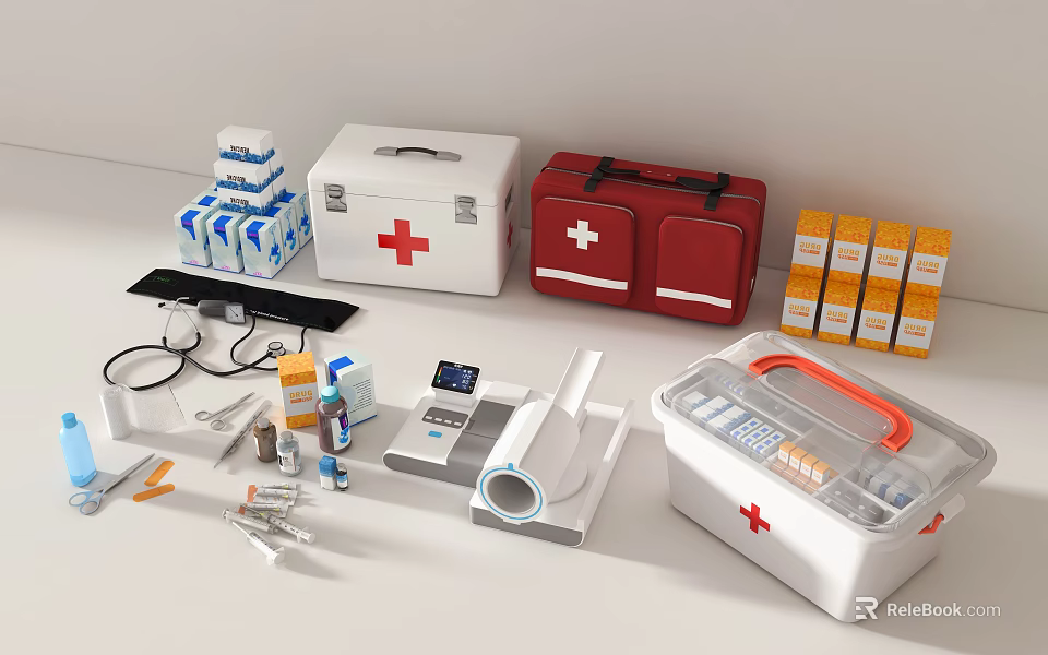 Essential Medical Devices Including First Aid Kits Stethoscope Blood Pressure Monitor And Supplies 3d model 
