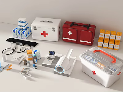 Essential Medical Devices Including First Aid Kits Stethoscope Blood Pressure Monitor And Supplies 3d model