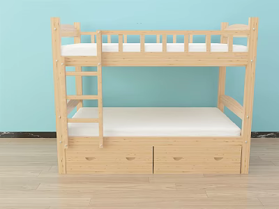 Wooden Bunk Bed with Storage Drawers Simple Design for Kids Room Light Wood 3d model