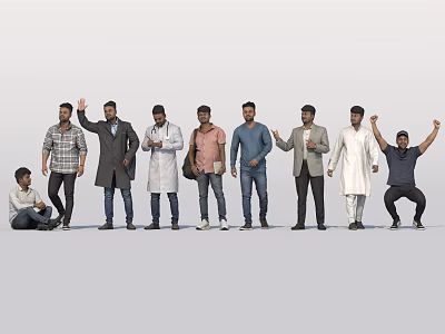 Group of diverse men in various outfits with different poses and gestures standing and sitting 3d model