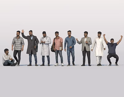 Group of diverse men in various outfits with different poses and gestures standing and sitting 3d model